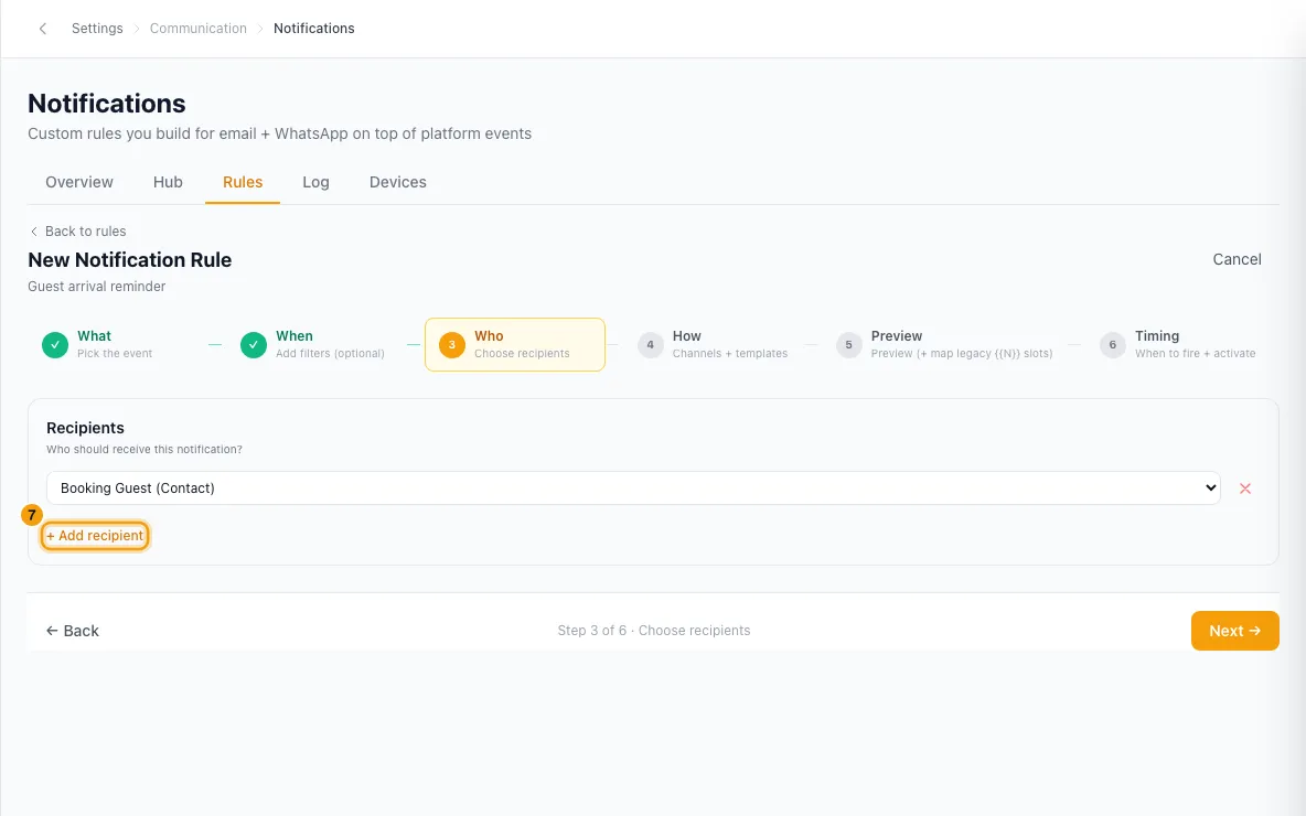 Set up a notification rule (e.g. email the guest before check-in): step 7 in Rentibly, with + Add recipient marked.