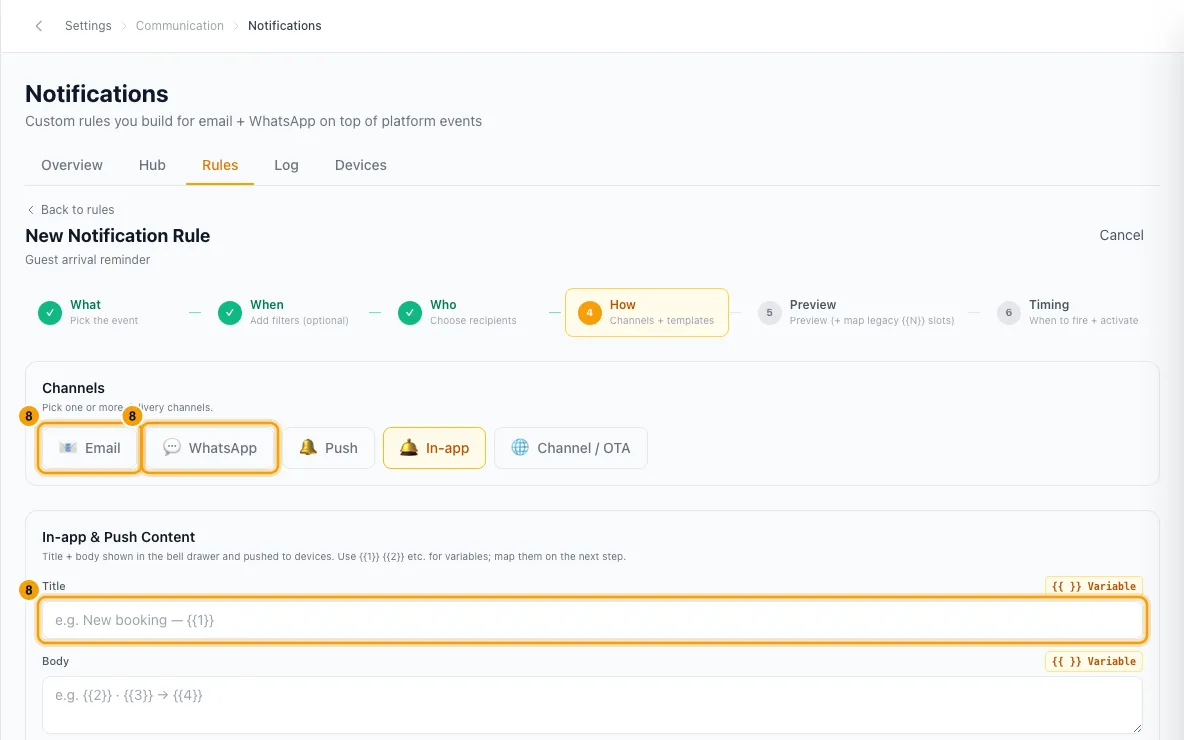 Set up a notification rule (e.g. email the guest before check-in): step 8 in Rentibly, with the channels and content, the channels and content, the channels and content marked.