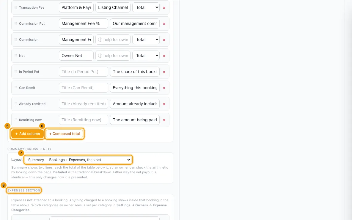 Set up how owner statements look (Statement Views): steps 5, 6, 7 and 8 in Rentibly, with + Add column, + Composed total, Summary (gross → net) marked.