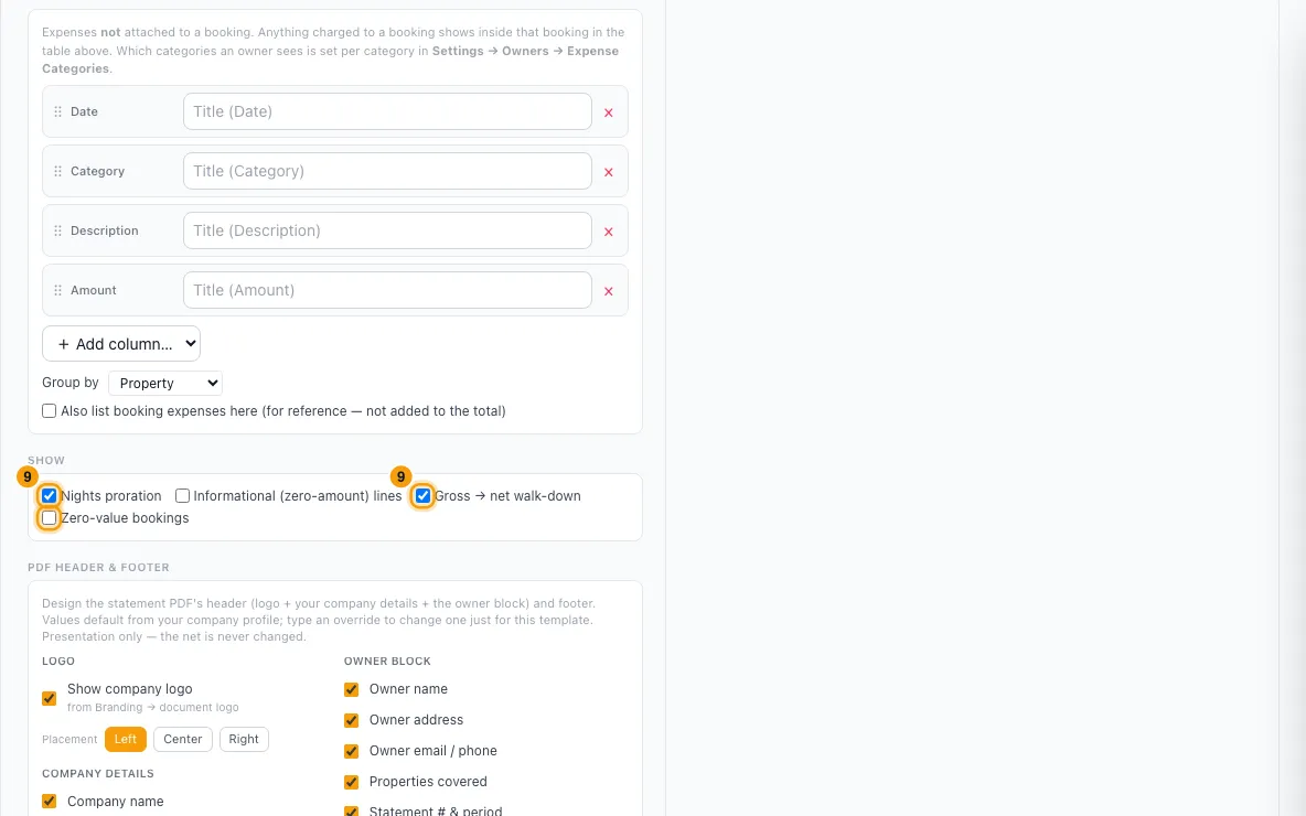 Set up how owner statements look (Statement Views): step 9 in Rentibly, with Nights proration, Gross → net walk-down, Zero-value bookings marked.