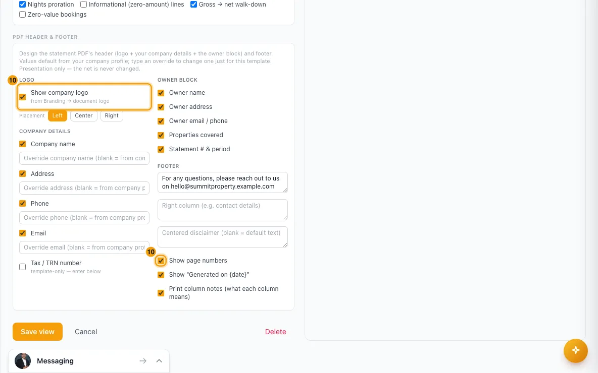 Set up how owner statements look (Statement Views): step 10 in Rentibly, with Show company logo, Show page numbers marked.