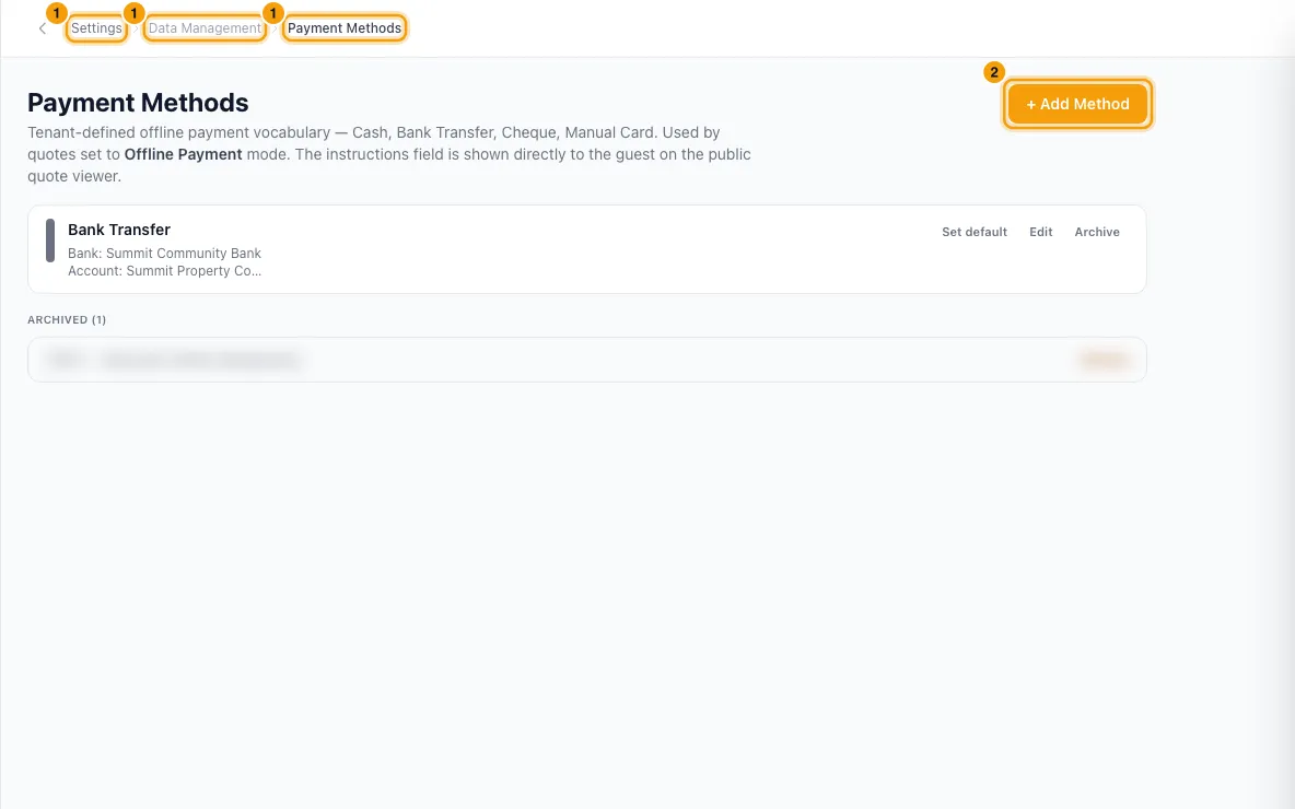 Set up offline payment methods (bank transfer, cash, cheque): steps 1 and 2 in Rentibly, with Settings, Data Management, Payment Methods marked.