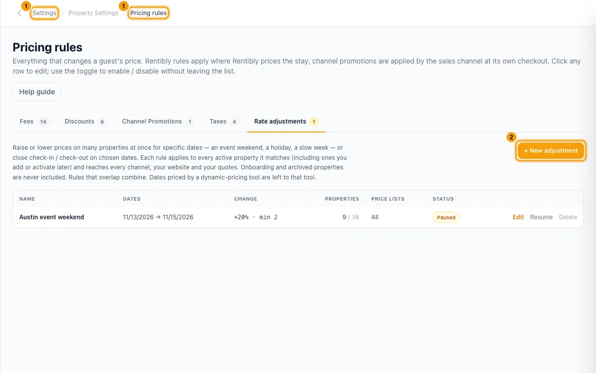 Change prices across properties for chosen dates: steps 1 and 2 in Rentibly, with Settings, Pricing rules, + New adjustment marked.