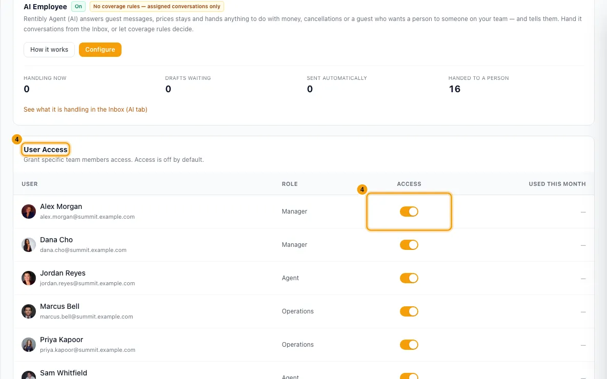 Set up Rentibly AI for your team: step 4 in Rentibly, with User Access, Access marked.