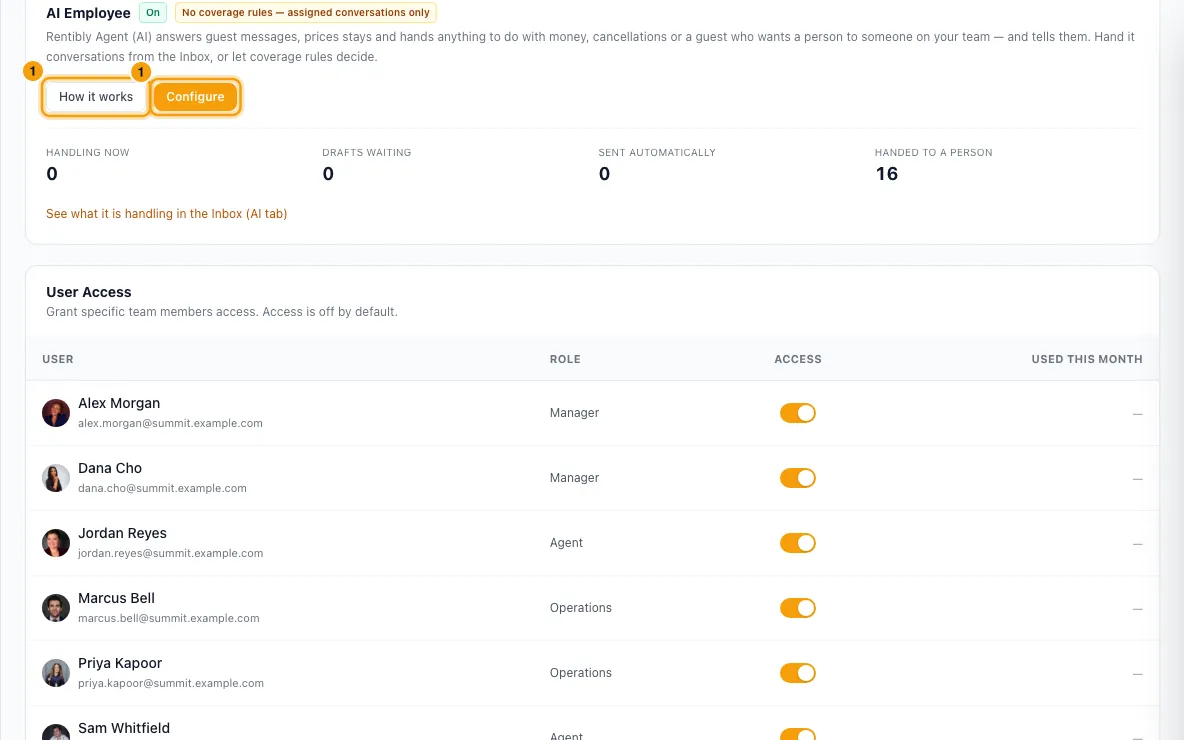Set up Rentibly AI for your team: step 1 in Rentibly, with How it works, Configure marked.