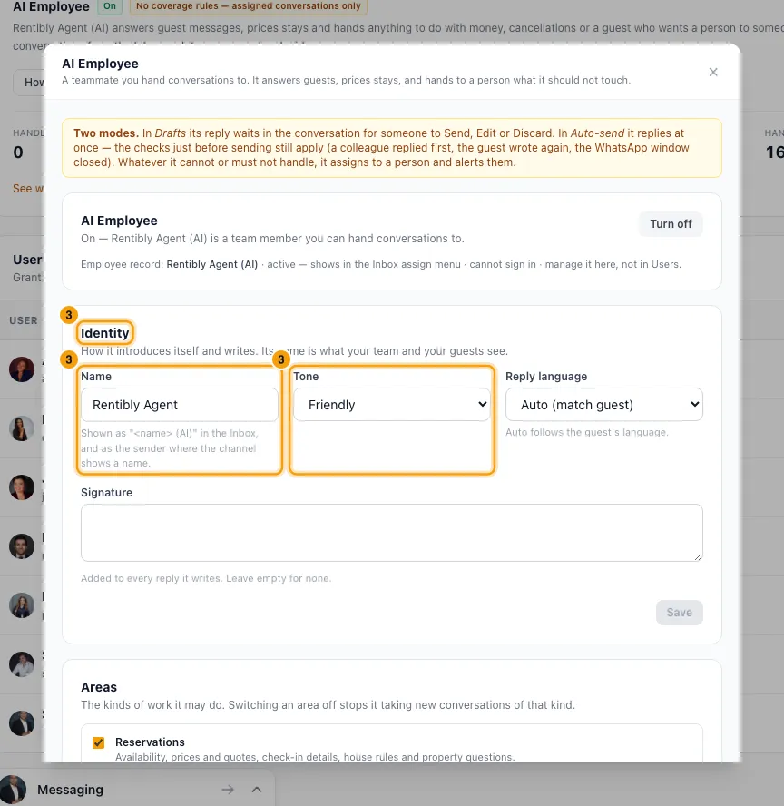 Set up Rentibly AI for your team: step 3 in Rentibly, with Identity, Name, Tone marked.