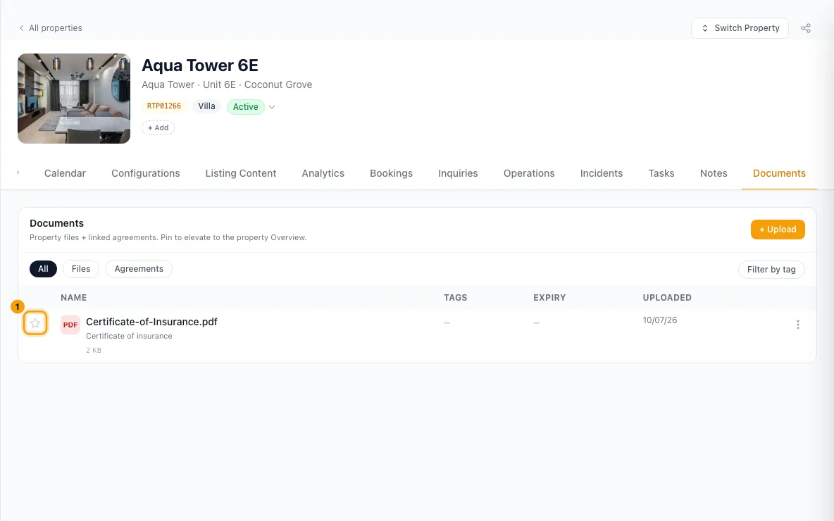 Upload and manage a property's documents: step 1 in Rentibly, with the star marked.