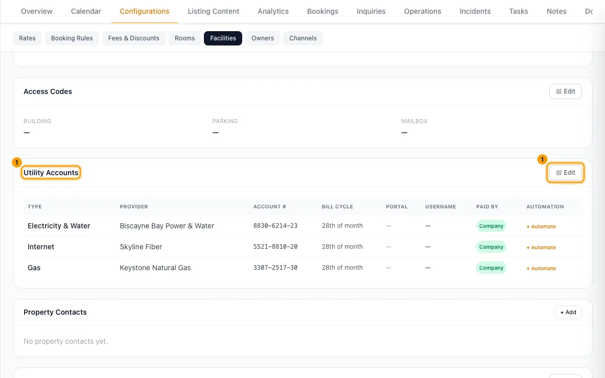 Turn paid utility bills into owner charges: step 1 in Rentibly, with Utility Accounts, Edit marked.
