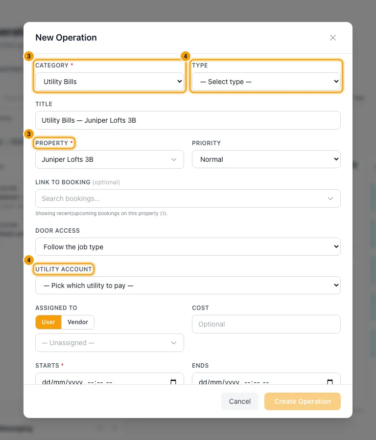 Turn paid utility bills into owner charges: steps 3 and 4 in Rentibly, with Category, Property, Utility account marked.