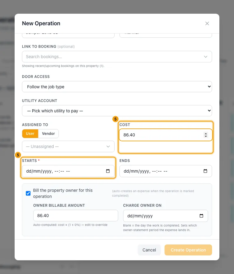 Turn paid utility bills into owner charges: step 5 in Rentibly, with Starts, Cost marked.