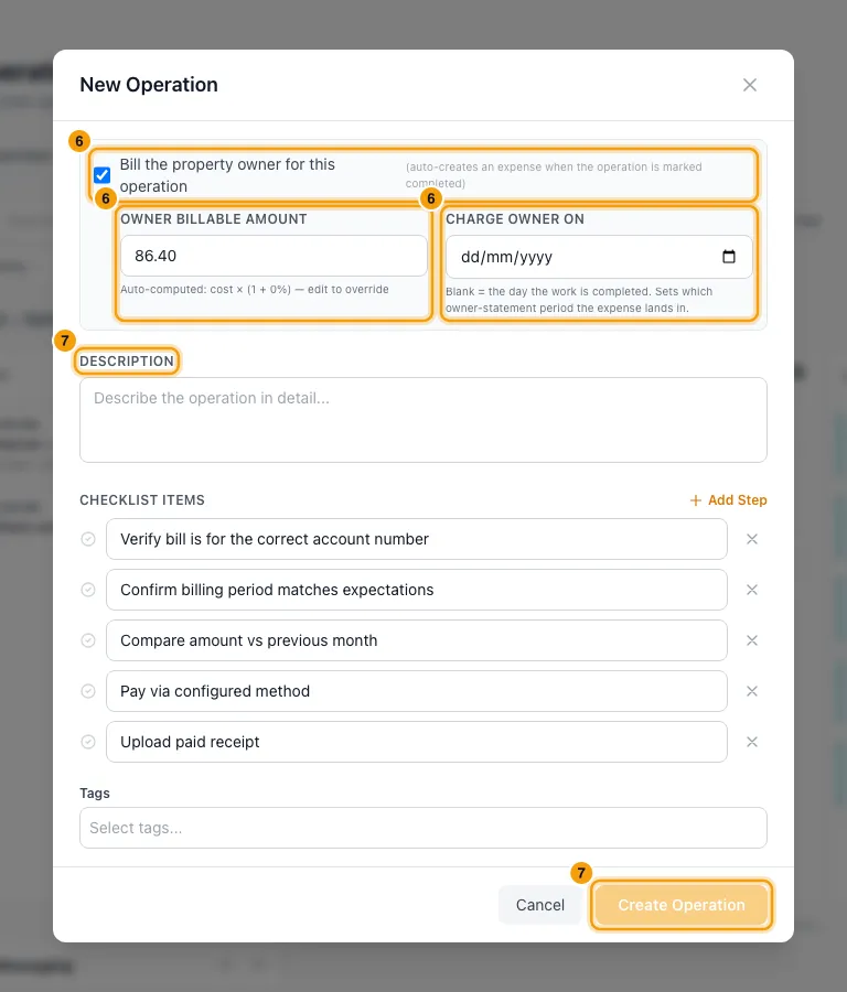 Turn paid utility bills into owner charges: steps 6 and 7 in Rentibly, with Bill the property owner for this operation, Owner billable amount, Charge owner on marked.