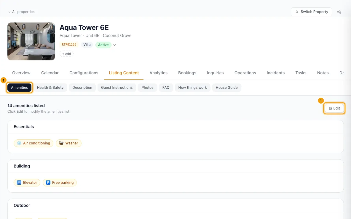Write a property's listing content (amenities, description, photos): step 1 in Rentibly, with Amenities, Edit marked.