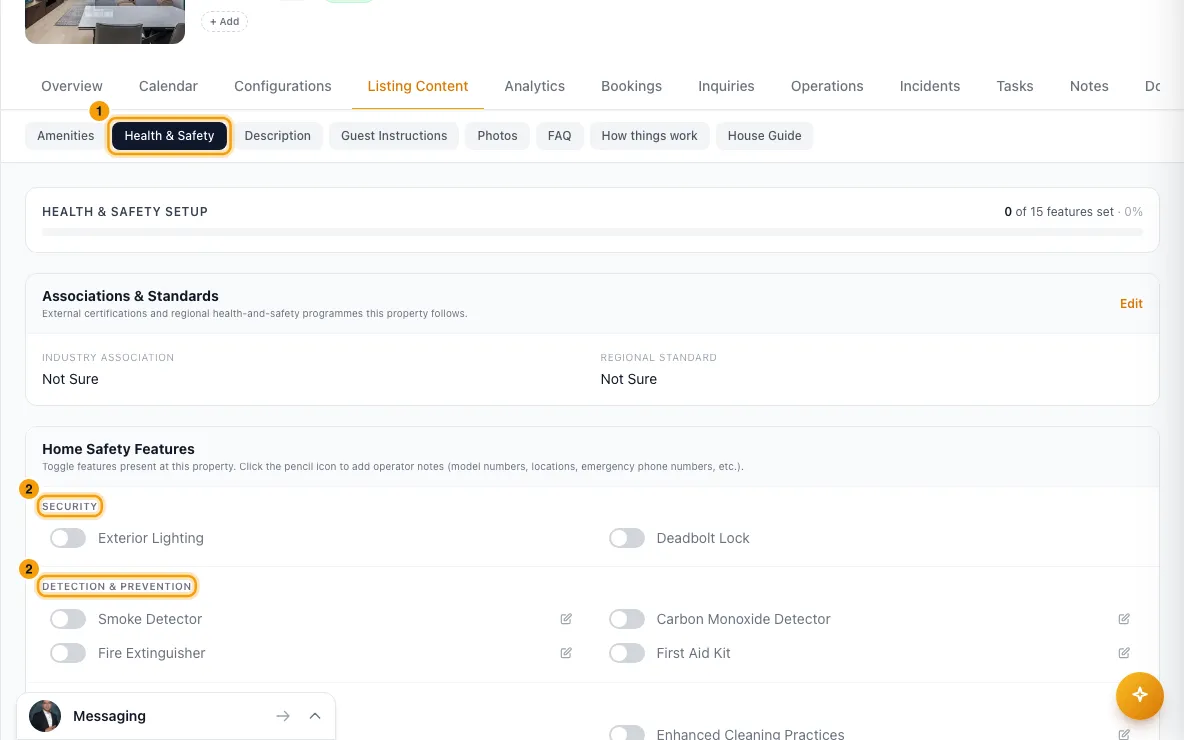 Write a property's listing content (amenities, description, photos): steps 1 and 2 in Rentibly, with Health & Safety, Security, Detection & Prevention marked.