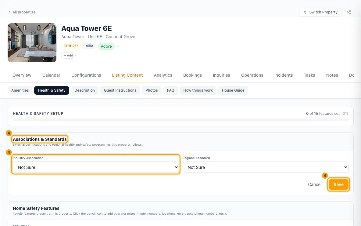 Write a property's listing content (amenities, description, photos): step 4 in Rentibly, with Associations & Standards, Industry Association, Save marked.